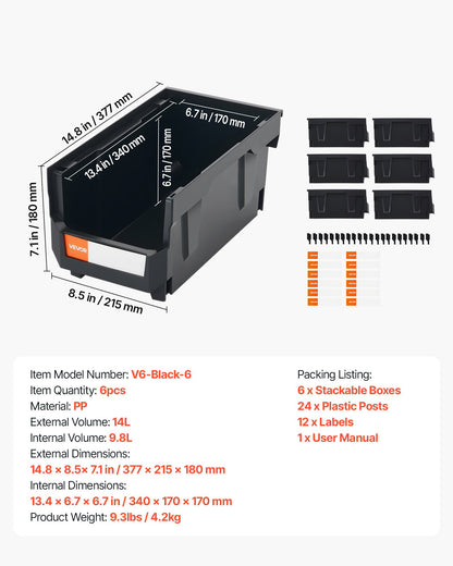 Plastic Stackable Storage Bins, 37.7 x 21.5 x 18 cm (6 Pack), Plastic Containers for Organizing and Storage Bins for Closet, Garage, Small Parts, Office Supplies and Other Accessories, Black