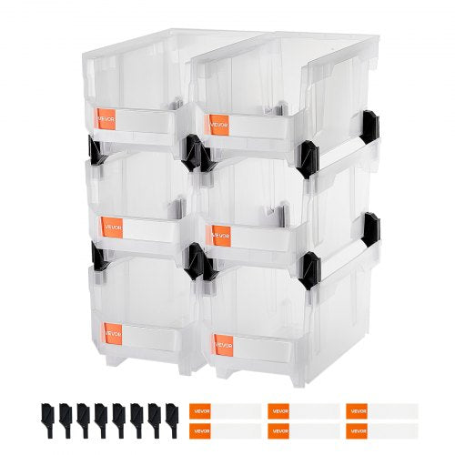 Plastic Stackable Storage Bins, 37.7 x 21.5 x 18 cm (6 Pack), Plastic Containers for Organizing & Storage Bins for Closet, Garage, Small Parts, Office Supplies, Other Accessories, Transparent