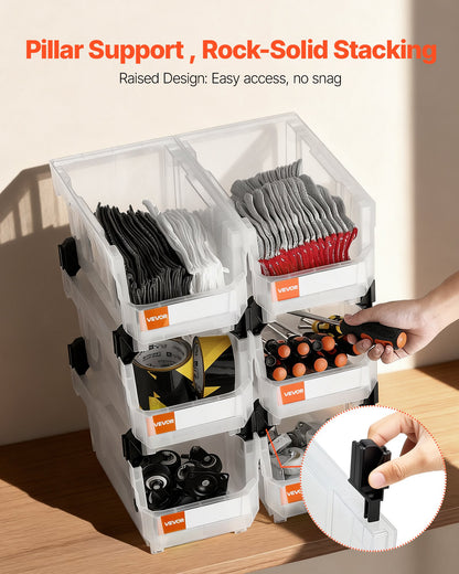 Plastic Stackable Storage Bins, 37.7 x 21.5 x 18 cm (6 Pack), Plastic Containers for Organizing & Storage Bins for Closet, Garage, Small Parts, Office Supplies, Other Accessories, Transparent