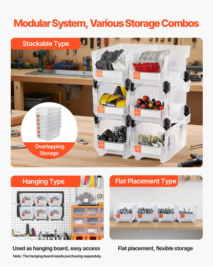 Plastic Stackable Storage Bins, 37.7 x 21.5 x 18 cm (6 Pack), Plastic Containers for Organizing & Storage Bins for Closet, Garage, Small Parts, Office Supplies, Other Accessories, Transparent