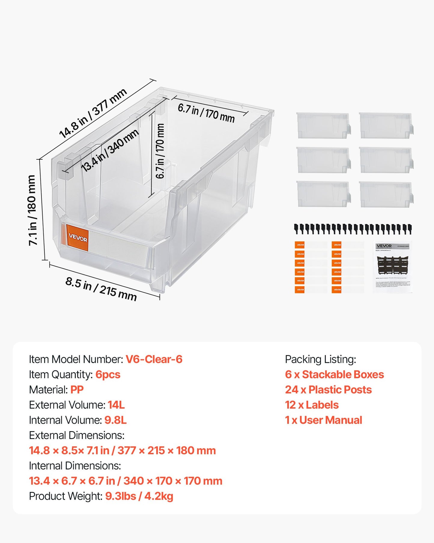 Plastic Stackable Storage Bins, 37.7 x 21.5 x 18 cm (6 Pack), Plastic Containers for Organizing & Storage Bins for Closet, Garage, Small Parts, Office Supplies, Other Accessories, Transparent