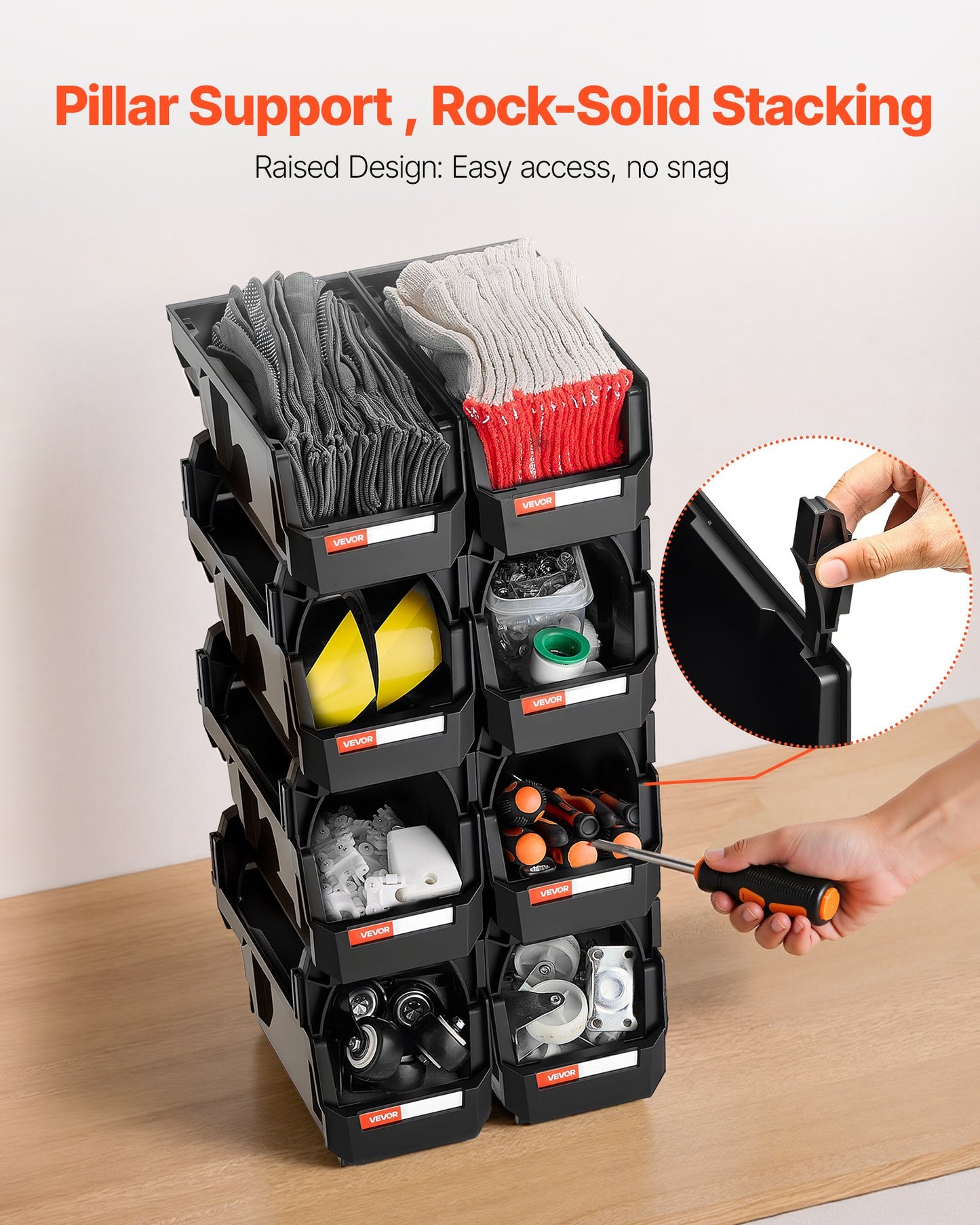 Plastic Stackable Storage Bins, 27.6 x 14 x 13 cm (8 Pack), Plastic Containers for Organizing and Storage Bins for Closet, Garage, Small Parts, Office Supplies and Other Accessories, Black