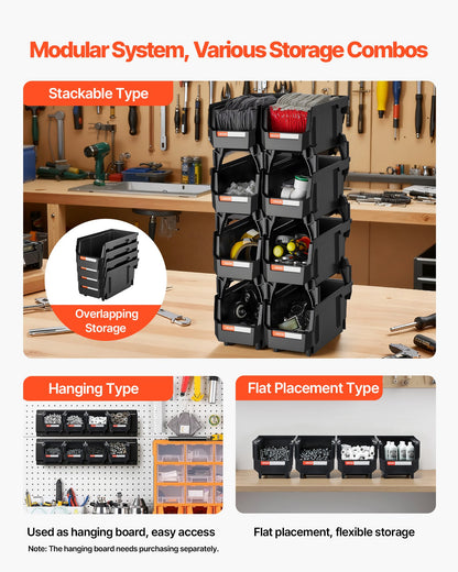 Plastic Stackable Storage Bins, 27.6 x 14 x 13 cm (8 Pack), Plastic Containers for Organizing and Storage Bins for Closet, Garage, Small Parts, Office Supplies and Other Accessories, Black