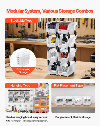 Plastic Stackable Storage Bins, 27.6 x 14 x 13 cm (8 Pack), Plastic Containers for Organizing & Storage Bins for Closet, Garage, Small Parts, Office Supplies, Other Accessories, Transparent