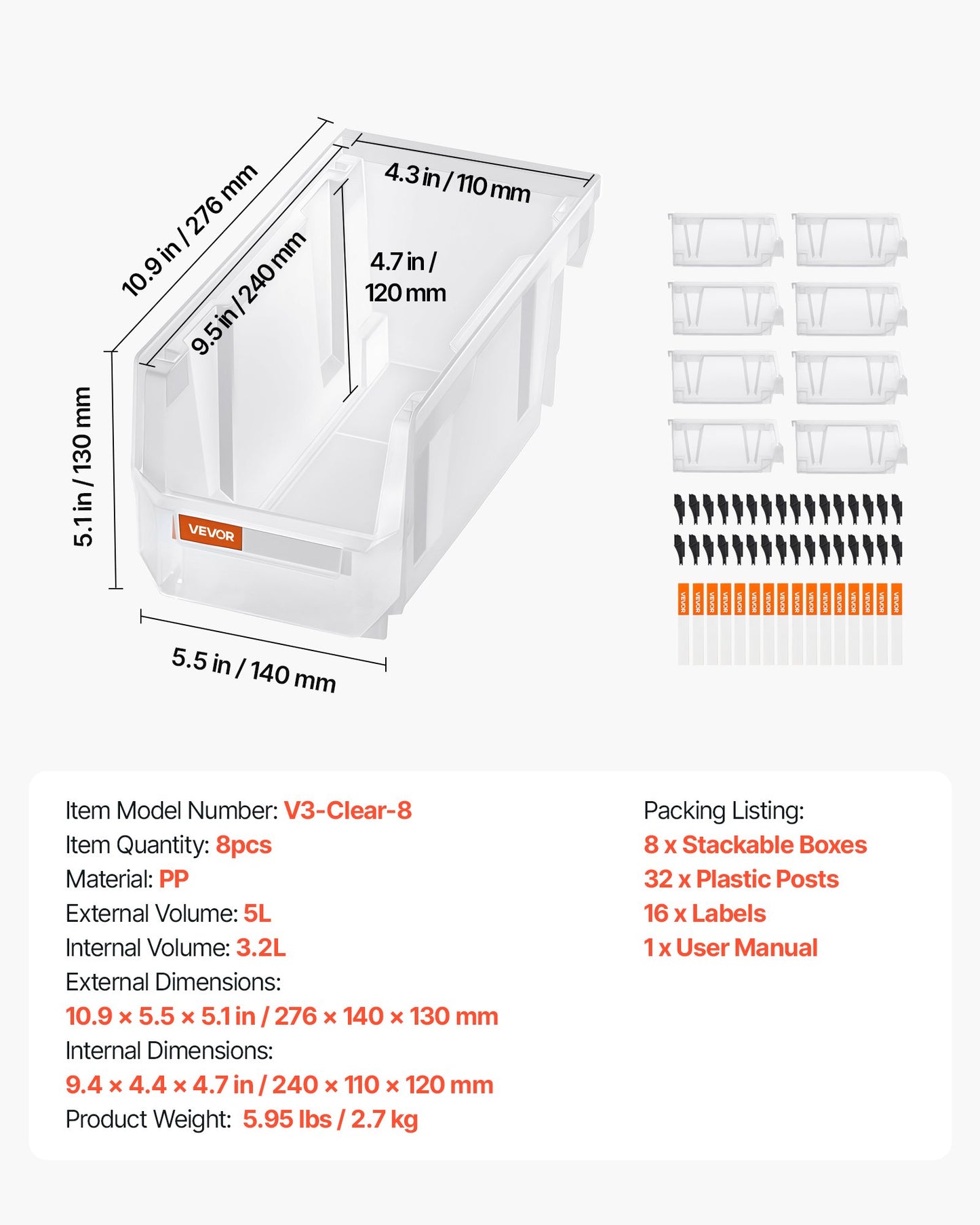 Plastic Stackable Storage Bins, 27.6 x 14 x 13 cm (8 Pack), Plastic Containers for Organizing & Storage Bins for Closet, Garage, Small Parts, Office Supplies, Other Accessories, Transparent