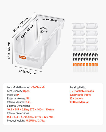 Plastic Stackable Storage Bins, 27.6 x 14 x 13 cm (8 Pack), Plastic Containers for Organizing & Storage Bins for Closet, Garage, Small Parts, Office Supplies, Other Accessories, Transparent