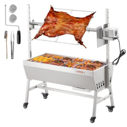 Upgrade Rotisserie Grill, 35 Inch 90 Lbs Capacity, BBQ Whole Pig Lamb Goat Charcoal Spit Grill, Electric 42W Motor Stainless Steel Rotisserie Roaster with Lockable Wheels, for Camping Outdoor