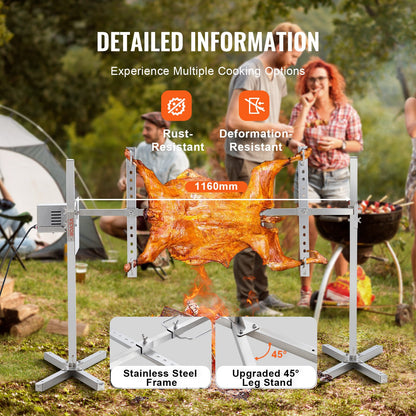 116.8 cm Electric BBQ Rotisserie Grill Kit Stainless Steel Grill 59.9 kg Pig Lamb