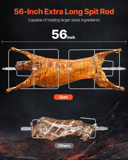 60W rotisseriegrill med huva, 56 tums gris- och lammgetrotisseriegrill, kapacitet 136 kg, kolgrill i rostfritt stål med låsbara hjul, för camping och utomhusgrill