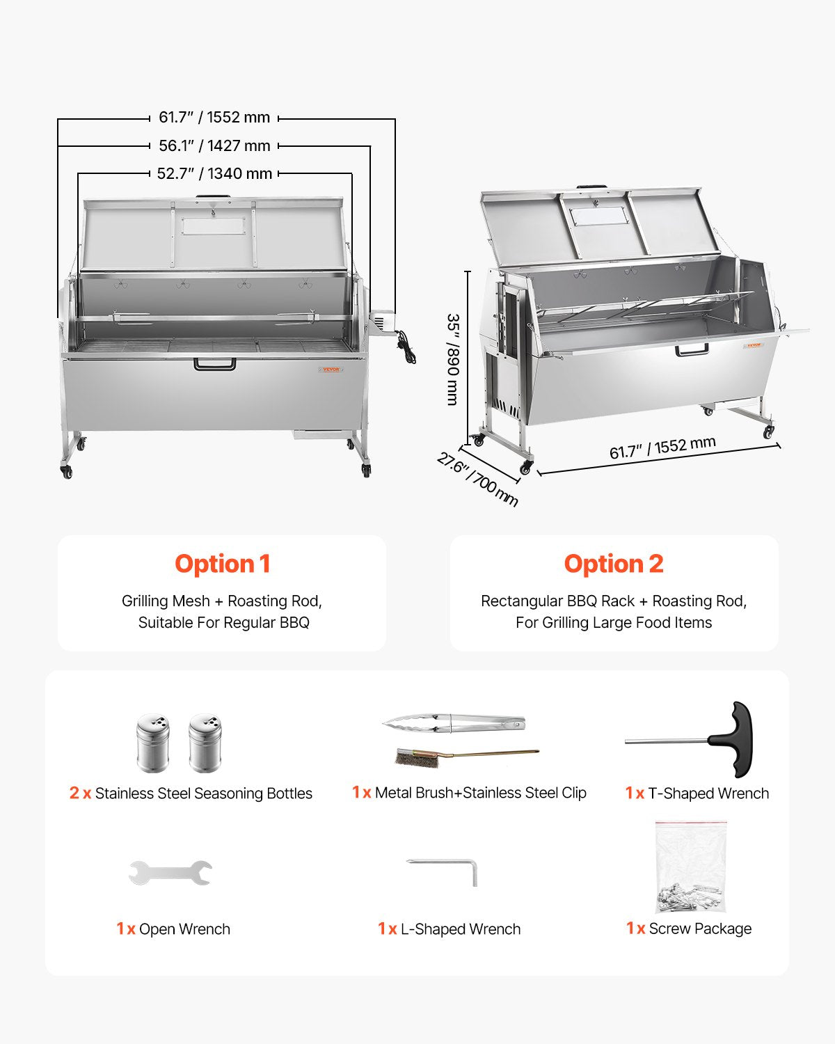 60W rotisseriegrill med huva, 56 tums gris- och lammgetrotisseriegrill, kapacitet 136 kg, kolgrill i rostfritt stål med låsbara hjul, för camping och utomhusgrill