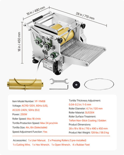Electric Tortilla Maker, Automatic Corn Tortilla Making Machine with Non-Stick Coating and Two Molds(4 in + 6 in), Electric Chapatti Machine Suitable for Produce Sopes Roti Pita Tortilla Pizza