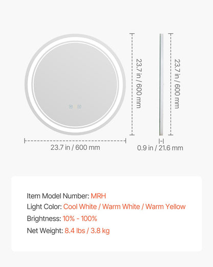 LED-badrumsspegel, 60 cm rund LED-badrumsspegel med frontbelysning och bakgrundsbelysning, imfri spegel med minne och belysning, steglöst dimbar badrumsspegel med 3 färger, väggmonterad