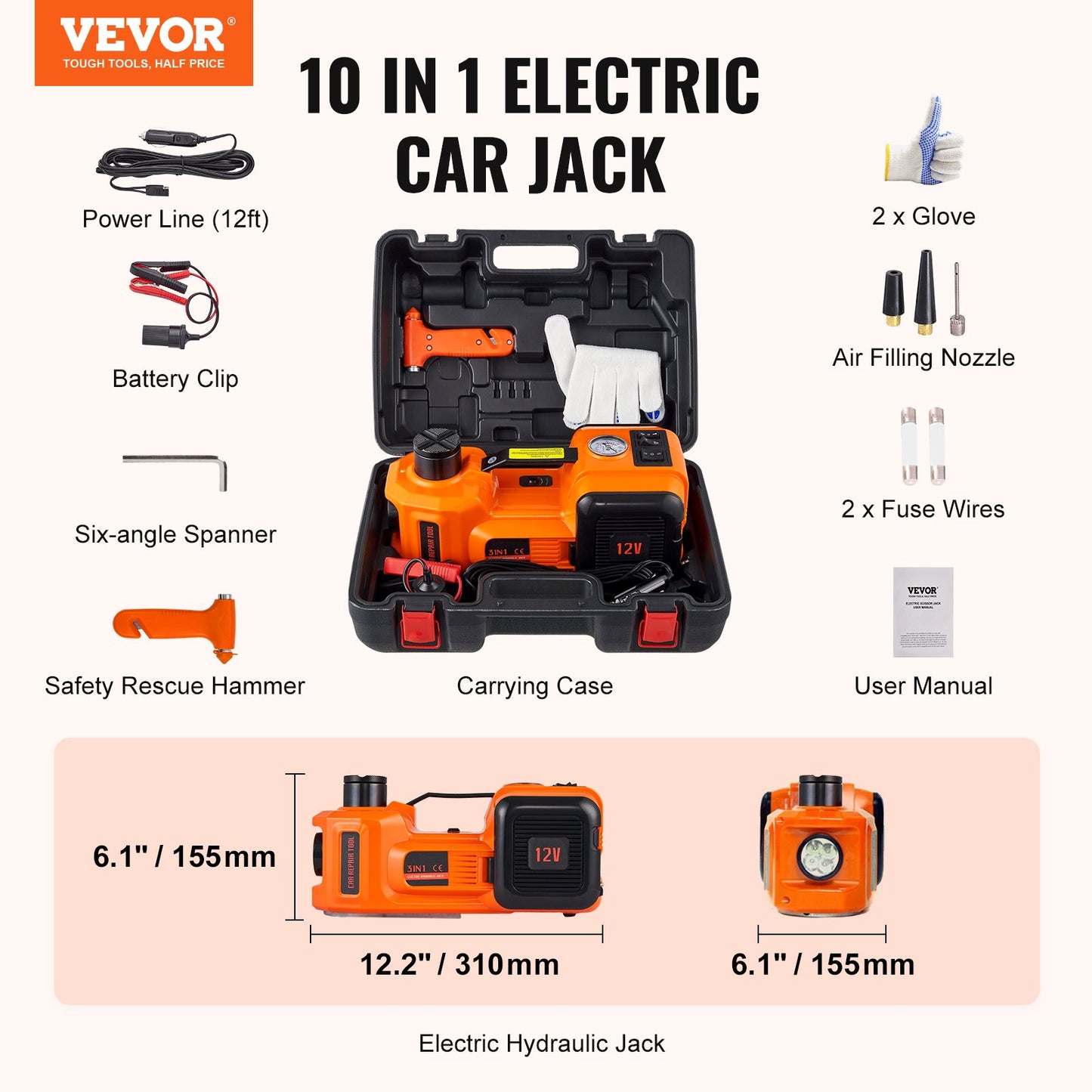 Electric Hydraulic Car Floor Jack 5 Ton 12V Built-in Tire Inflator Pump