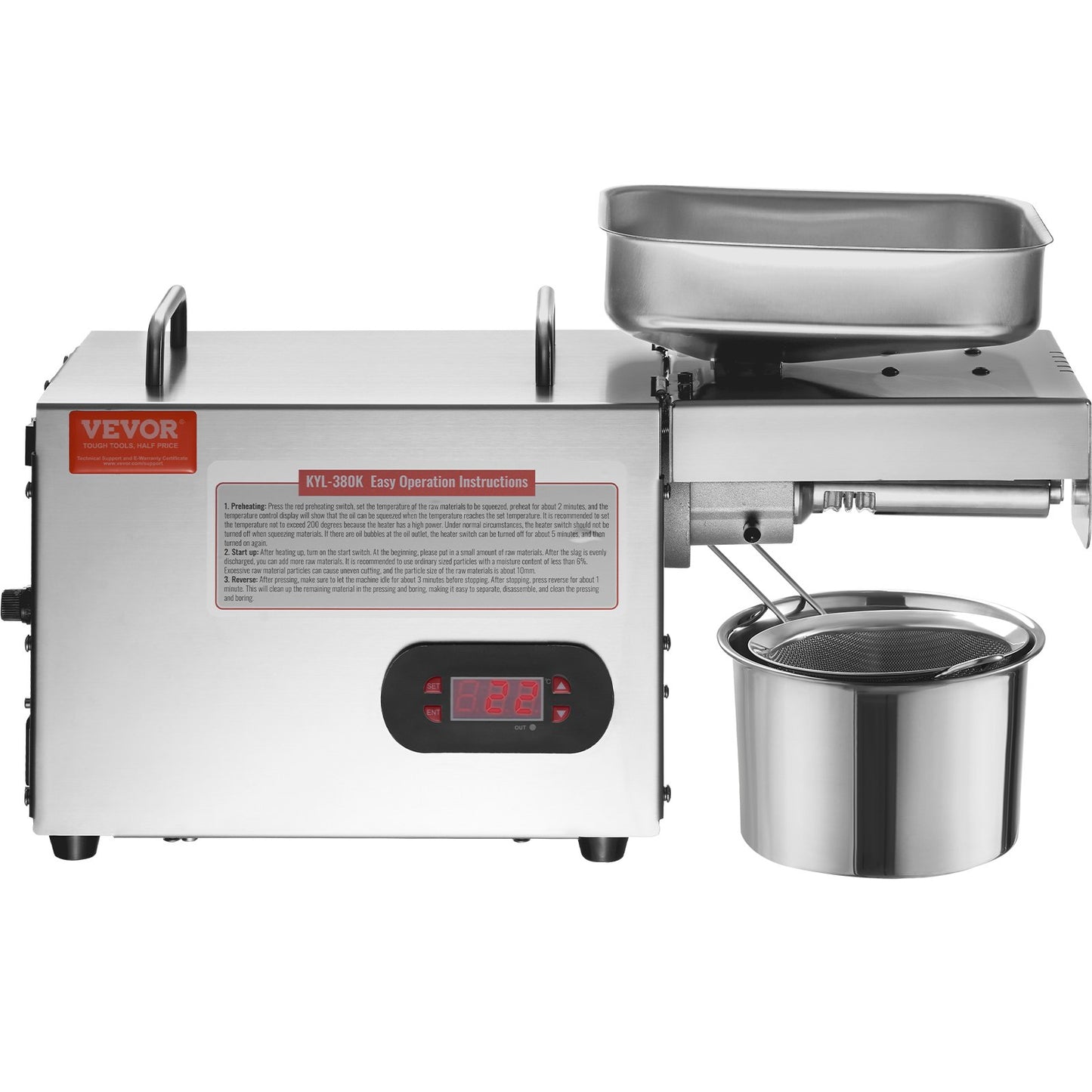 Electric Oil Press Machine, 850W Stainless Steel Oil Extractor Machine, 0-300℃ / 32 - 572 ℉ Adjustable Temperature, Hot Press Oil Expeller for Pressing Peanuts, Sesame Seeds, Rapeseed, Tea Seeds