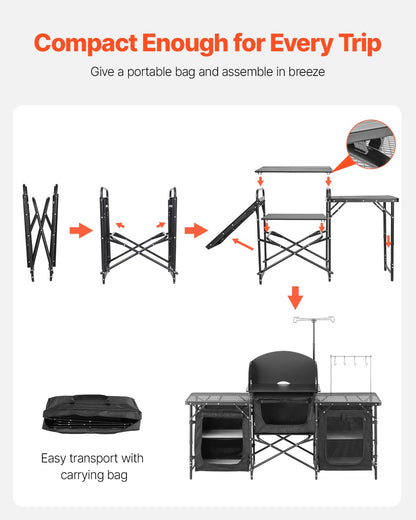 Campingköksbord, utomhusmatlagningsbord, bärbar kokstation i aluminium med 3 förvaringsskåp, bärväska, avtagbar vindruta, snabb uppsättning för grillfest, picknick, husbilsresor, svart