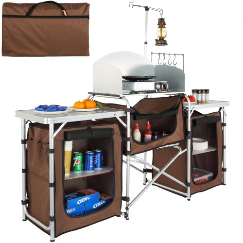 Campingköksbord, hopfällbart utomhusköksbord med förvaringsväska, aluminiumskåp med 3 skåp och avtagbar vindruta, snabb uppsättning för picknick, grillning, husbilsresor, brun