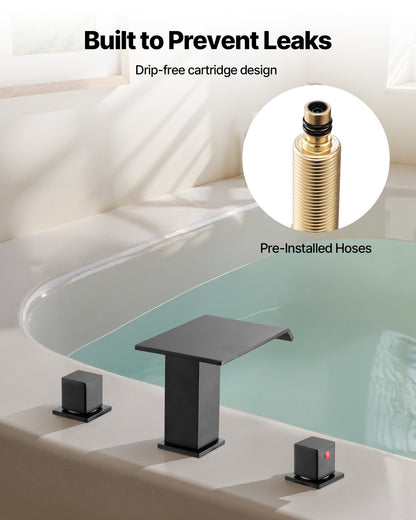 Roman Tub Faucet, 3 Hole Waterfall Bathtub Faucet, Bath Tubs Faucets Set with 2 Handles, Roman Tub Faucets Deck Mount for Pet Washing, Baby Care, Adult Bathing, Matte Black, Stainless Steel