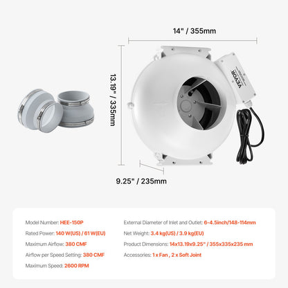 4 to 4.5 inch Radon Mitigation Fan System, Quiet 380 CFM Radon Mitigation Kit with 2 Couplers, Waterproof Radon Fan Electric Inline Duct Fan Exhaust Fan for Indoor Outdoor Ventilation
