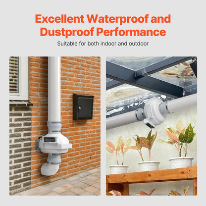 Installationssats för radonfläkt på 4 till 4,5 tum, tyst 190CFM radonreducerande fläktsystem med 2 kopplingar, tryckindikator, vattentät inbyggd kanalfläkt, frånluftsfläkt för inomhus- och utomhusventilation