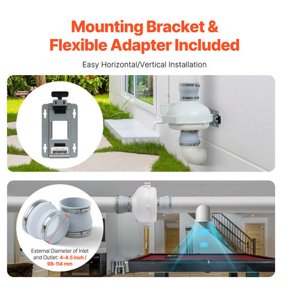 Installationssats för radonfläkt på 4 till 4,5 tum, tyst 190CFM radonreducerande fläktsystem med 2 kopplingar, tryckindikator, vattentät inbyggd kanalfläkt, frånluftsfläkt för inomhus- och utomhusventilation