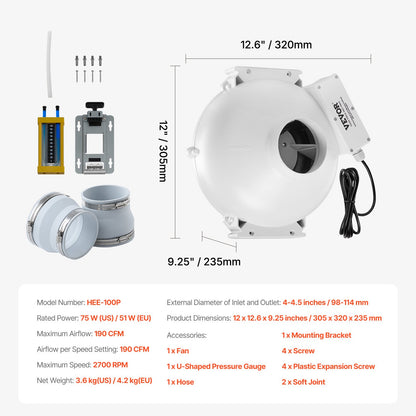 Installationssats för radonfläkt på 4 till 4,5 tum, tyst 190CFM radonreducerande fläktsystem med 2 kopplingar, tryckindikator, vattentät inbyggd kanalfläkt, frånluftsfläkt för inomhus- och utomhusventilation