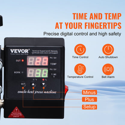 Värmepress, 15x15 tum / 38x38 cm, 2-i-1 clamshell sublimeringsskrivare med teflonbeläggning, digital exakt värmekontroll, kraftpress för t-shirts, hattar och kepsar