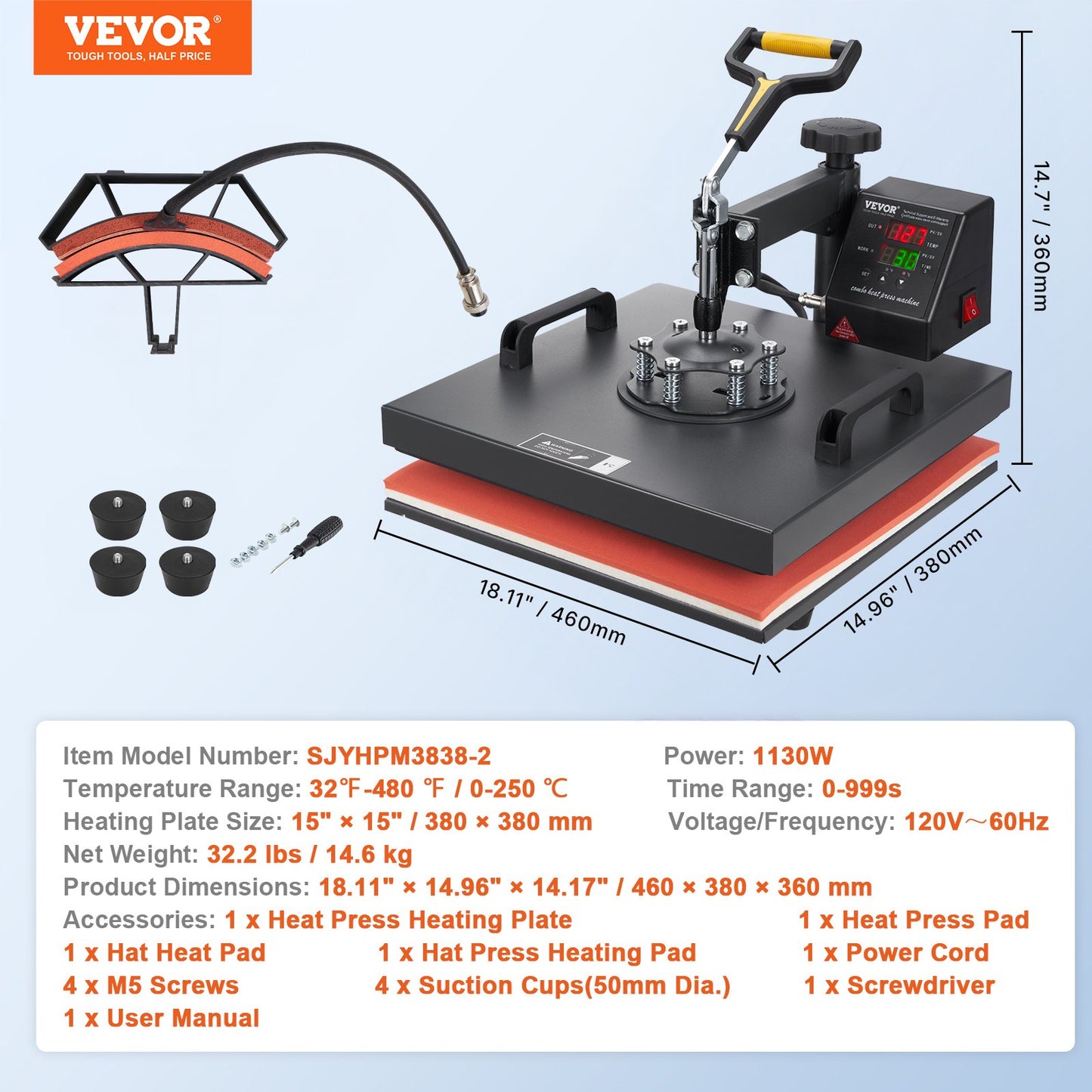 Värmepress, 15x15 tum / 38x38 cm, 2-i-1 clamshell sublimeringsskrivare med teflonbeläggning, digital exakt värmekontroll, kraftpress för t-shirts, hattar och kepsar