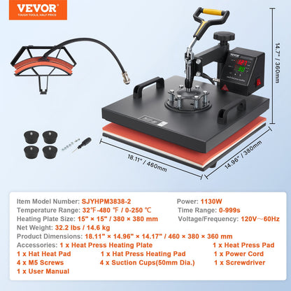 Värmepress, 15x15 tum / 38x38 cm, 2-i-1 clamshell sublimeringsskrivare med teflonbeläggning, digital exakt värmekontroll, kraftpress för t-shirts, hattar och kepsar