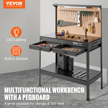 Workbench A3 Steel Work Bench For Garage max. 1500W Heavy Duty Workbench 220lbs Weight Capacity 0.47" Bench top Thickness Hardwood Workbench 1.5m Cable 4xAC outlets 2xUSB ports 30xHooks