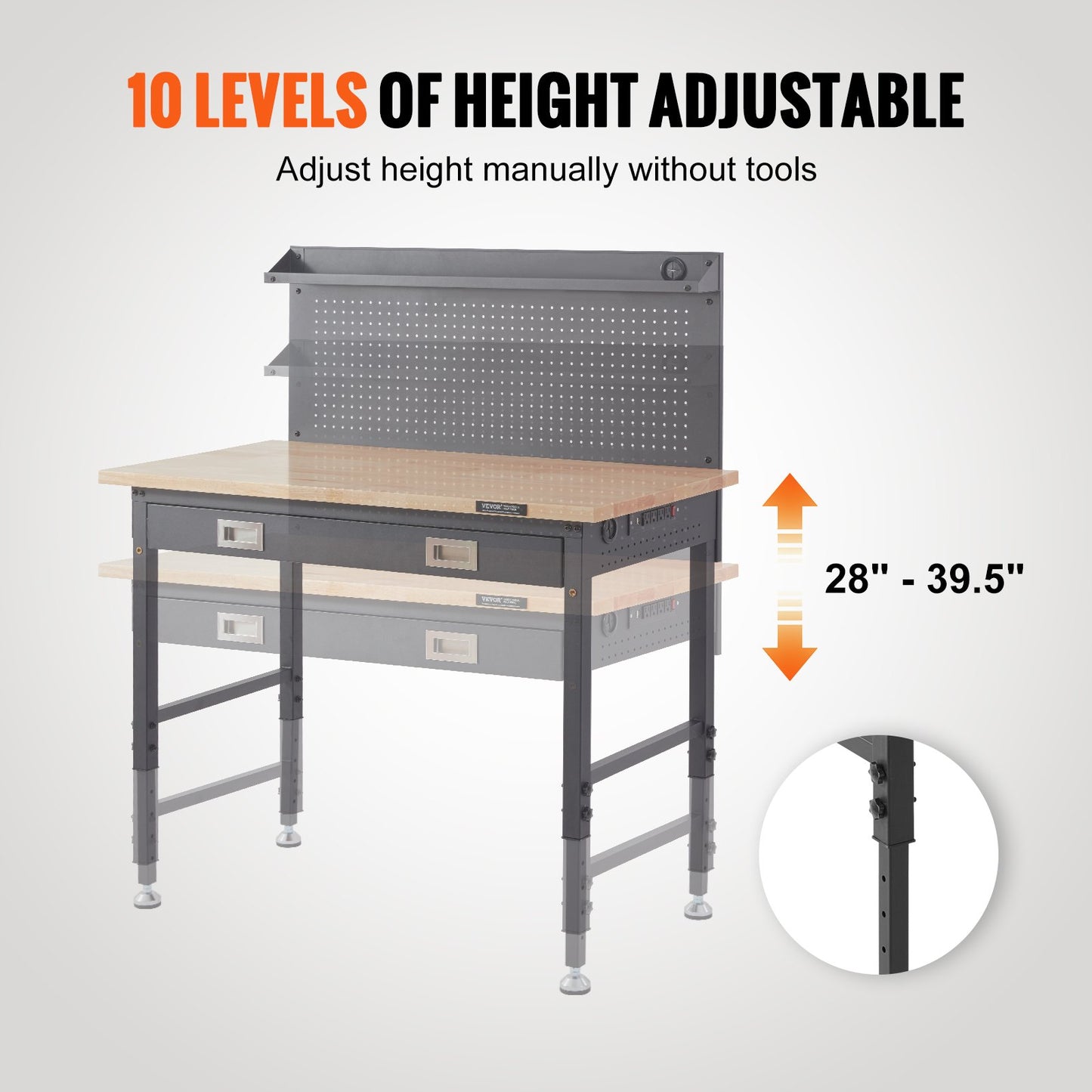 Workbench Adjustable Height 28-39.5" Work Bench For Garage Oak Plank & Carbon Steel Heavy Duty Workbench 2000lbs Weight Capacity Bench top Size 48x24" Hardwood Workbench 3m Cable 30 Hooks