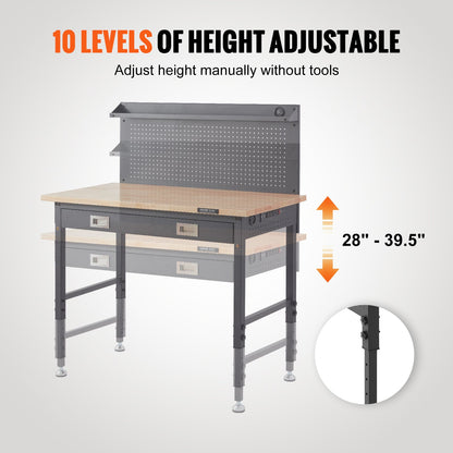 Workbench Adjustable Height 28-39.5" Work Bench For Garage Oak Plank & Carbon Steel Heavy Duty Workbench 2000lbs Weight Capacity Bench top Size 48x24" Hardwood Workbench 3m Cable 30 Hooks