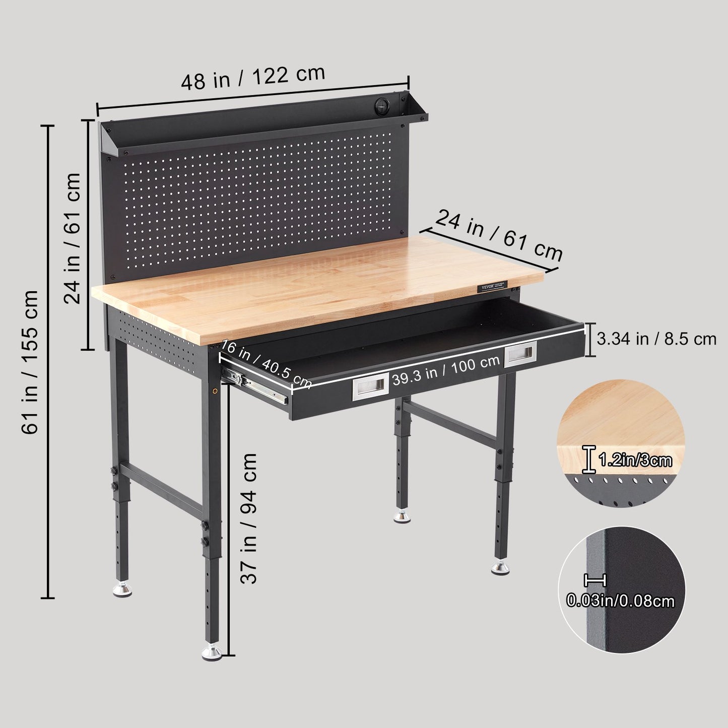 Workbench Adjustable Height 28-39.5" Work Bench For Garage Oak Plank & Carbon Steel Heavy Duty Workbench 2000lbs Weight Capacity Bench top Size 48x24" Hardwood Workbench 3m Cable 30 Hooks