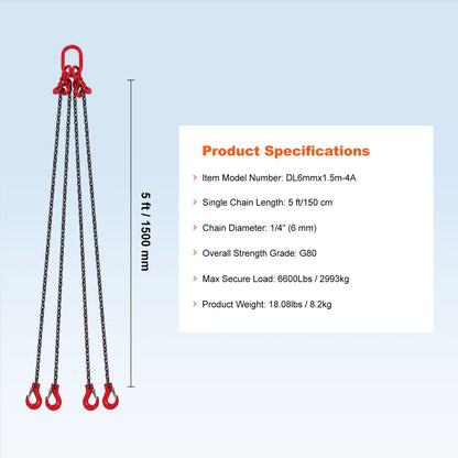 Kättingslinga, 1/4 tum x 5 fot lyftkedjor med krokar, G80 motorkättinglyftar, 6600 lbs/3 ton lyftslingkedjor för motorlyft, motorlyftkedja med 4 benkrokar och justerare