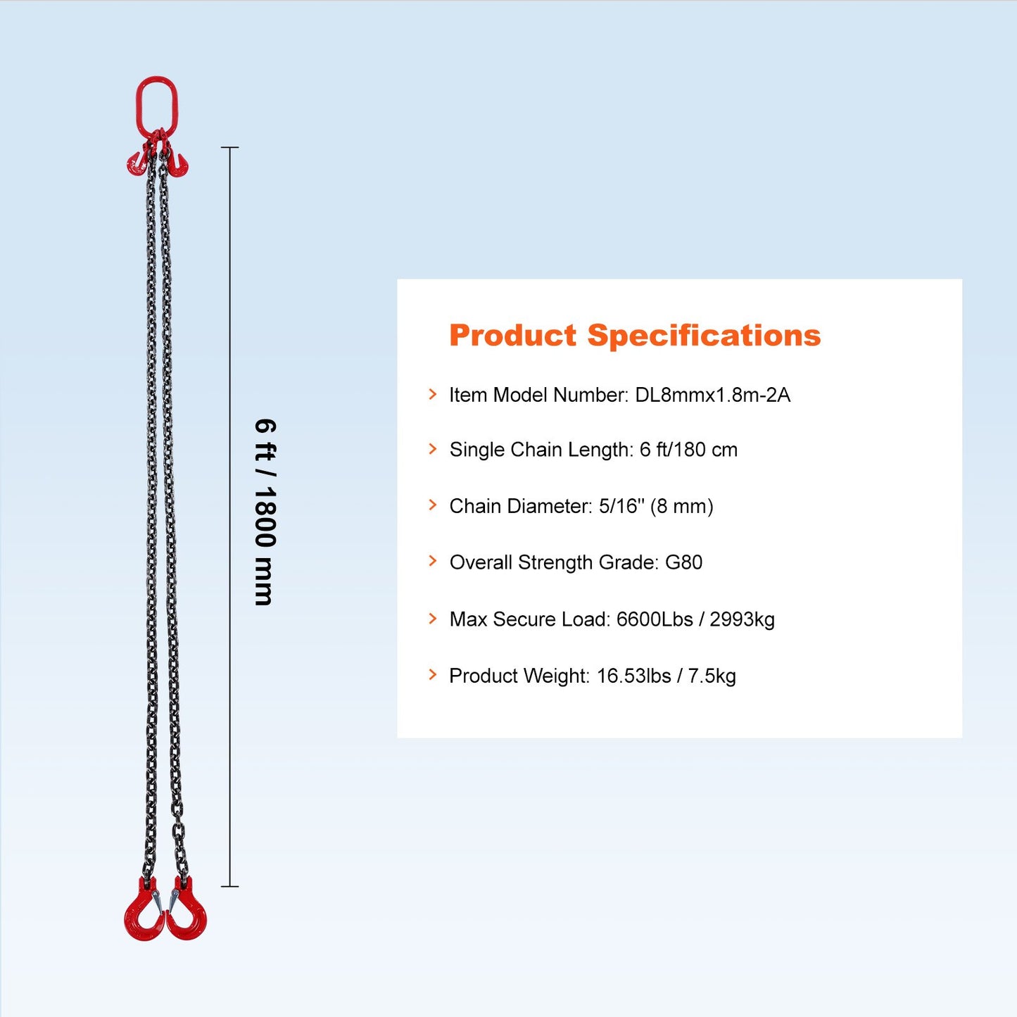 7.9mm x 182.9cm Chain Sling 2 Legs G80 Lifting Chain with Grab Hooks 2993.7 kg
