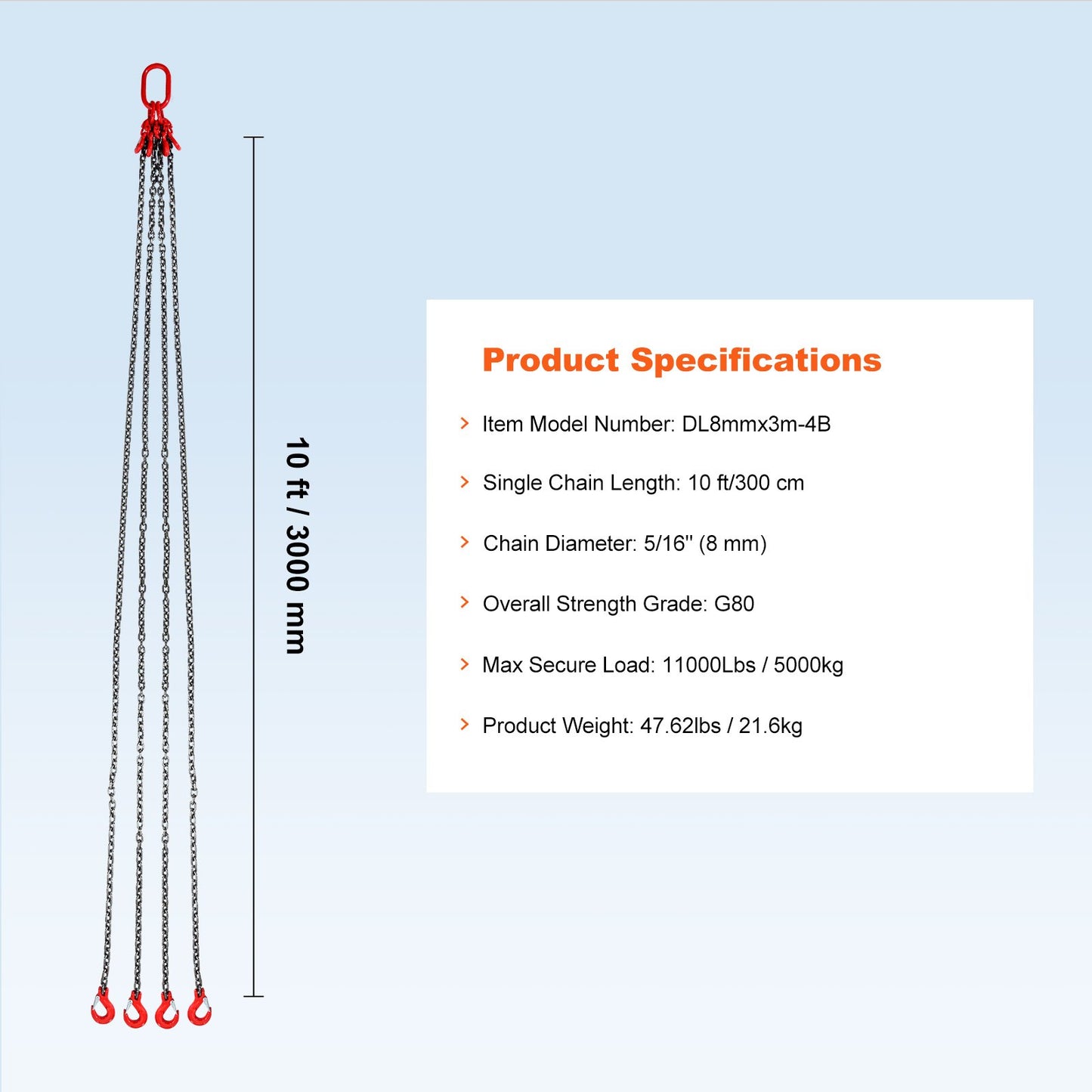 Chain Sling, 5/16 inch x 10 ft Lifting Chains with Hooks, G80 Engine Chain Hoist Lifts, 11000 lbs/5 Ton Lifting Sling Chains for Engine Hoist, Engine Lift Chain with 4 Leg Grab Hooks & Adjusters