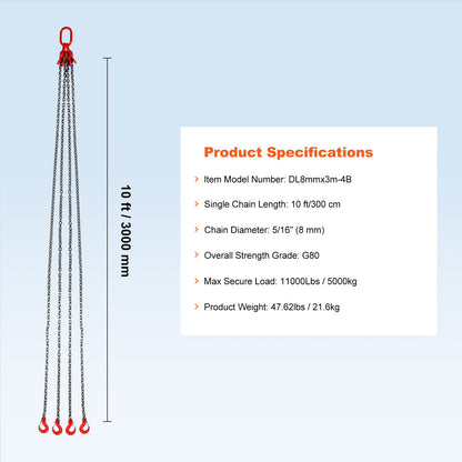 Chain Sling, 5/16 inch x 10 ft Lifting Chains with Hooks, G80 Engine Chain Hoist Lifts, 11000 lbs/5 Ton Lifting Sling Chains for Engine Hoist, Engine Lift Chain with 4 Leg Grab Hooks & Adjusters