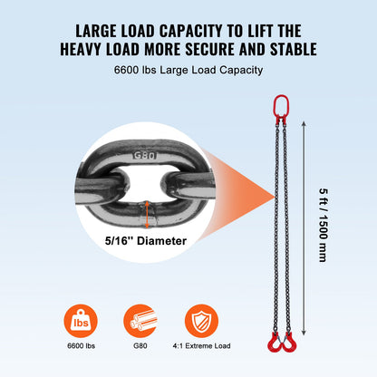 7,9 mm x 152,4 cm kättingrem med 2 ben, G80 lyftkedja med gripkrokar, 2993,7 kg