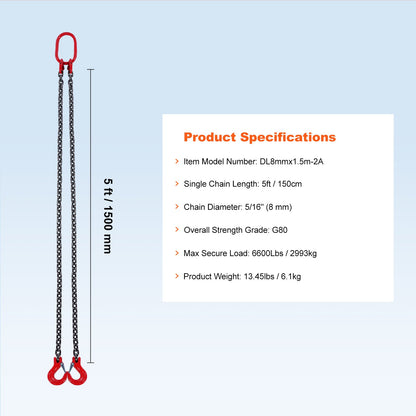 7,9 mm x 152,4 cm kättingrem med 2 ben, G80 lyftkedja med gripkrokar, 2993,7 kg