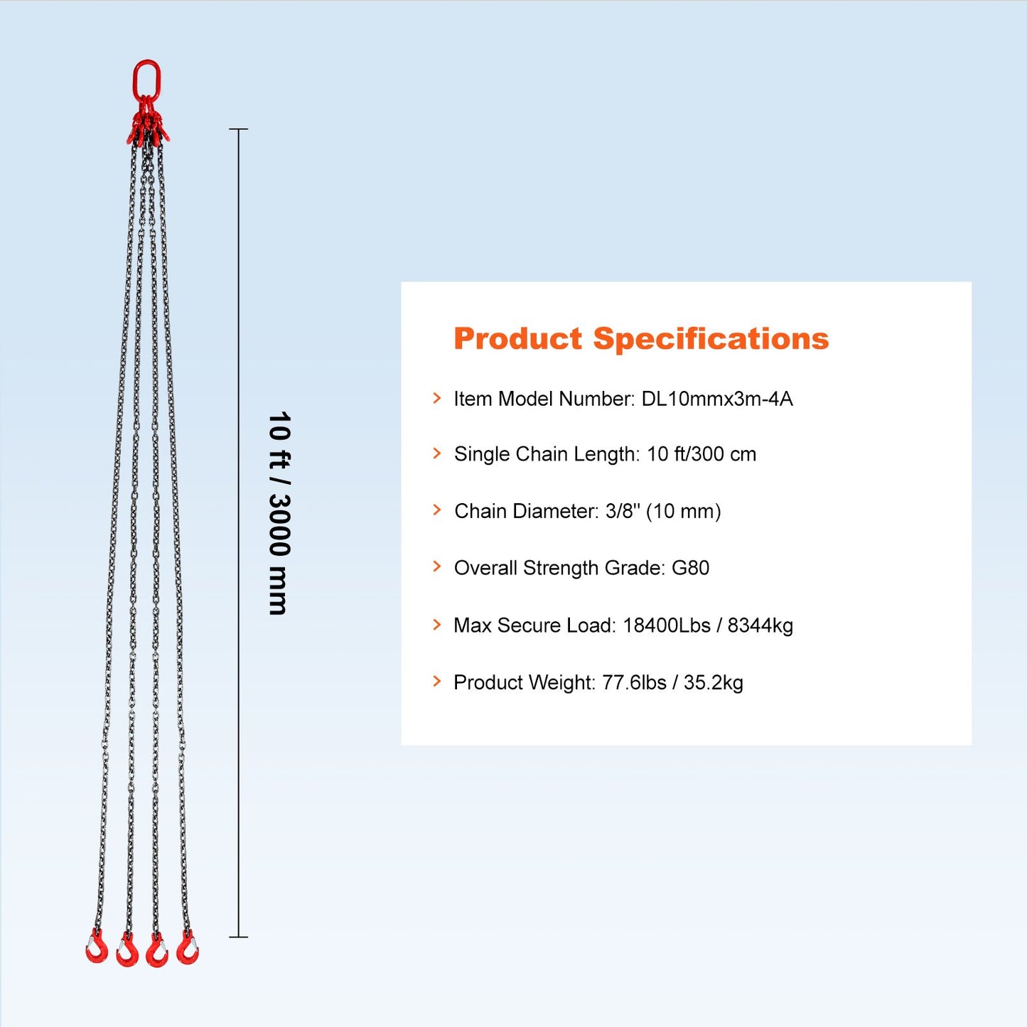 Chain Sling, 3/8 inch x 10 ft Lifting Chains with Hooks, G80 Engine Chain Hoist Lifts, 18400 lbs/8 Ton Lifting Sling Chains for Engine Hoist, Engine Lift Chain with 4 Leg Grab Hooks & Adjusters