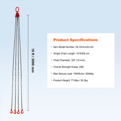 Chain Sling, 3/8 inch x 10 ft Lifting Chains with Hooks, G80 Engine Chain Hoist Lifts, 18400 lbs/8 Ton Lifting Sling Chains for Engine Hoist, Engine Lift Chain with 4 Leg Grab Hooks & Adjusters