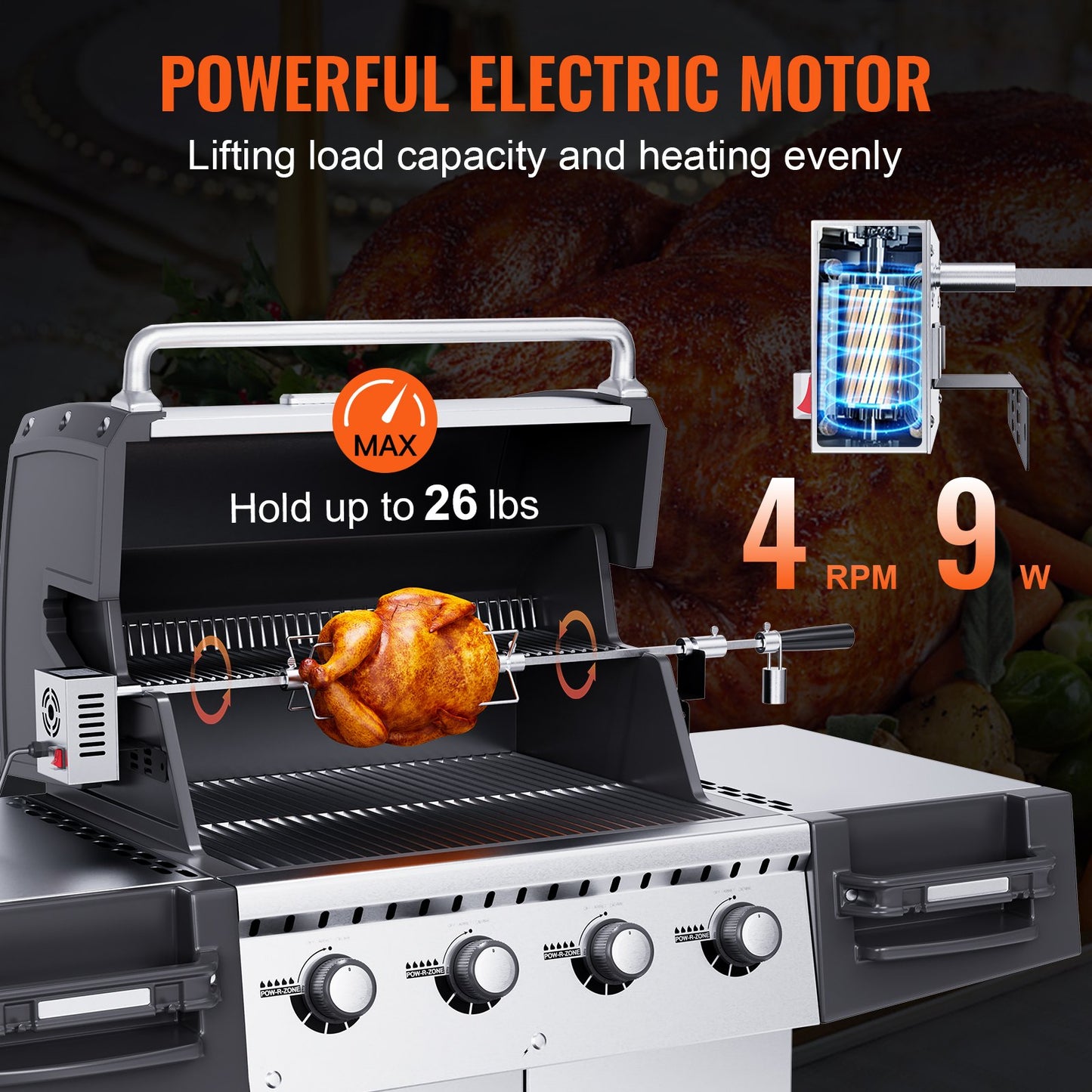 Universal Grill Rotisserie Kit BBQ Roaster 81.3 cm/99.1 cm Spit Rod Electric Motor