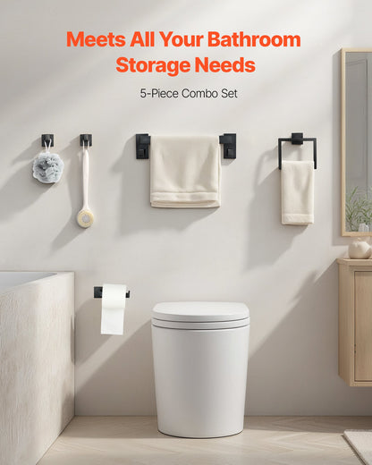 Matte Black Bathroom Hardware Set, 5 Pieces Bathroom Accessories Set, Stainless Steel 16 inch Towel Bar, Towel Rack, 2 Robe Towel Hooks, Toilet Paper Holder for Bath Room, Wall Mounted