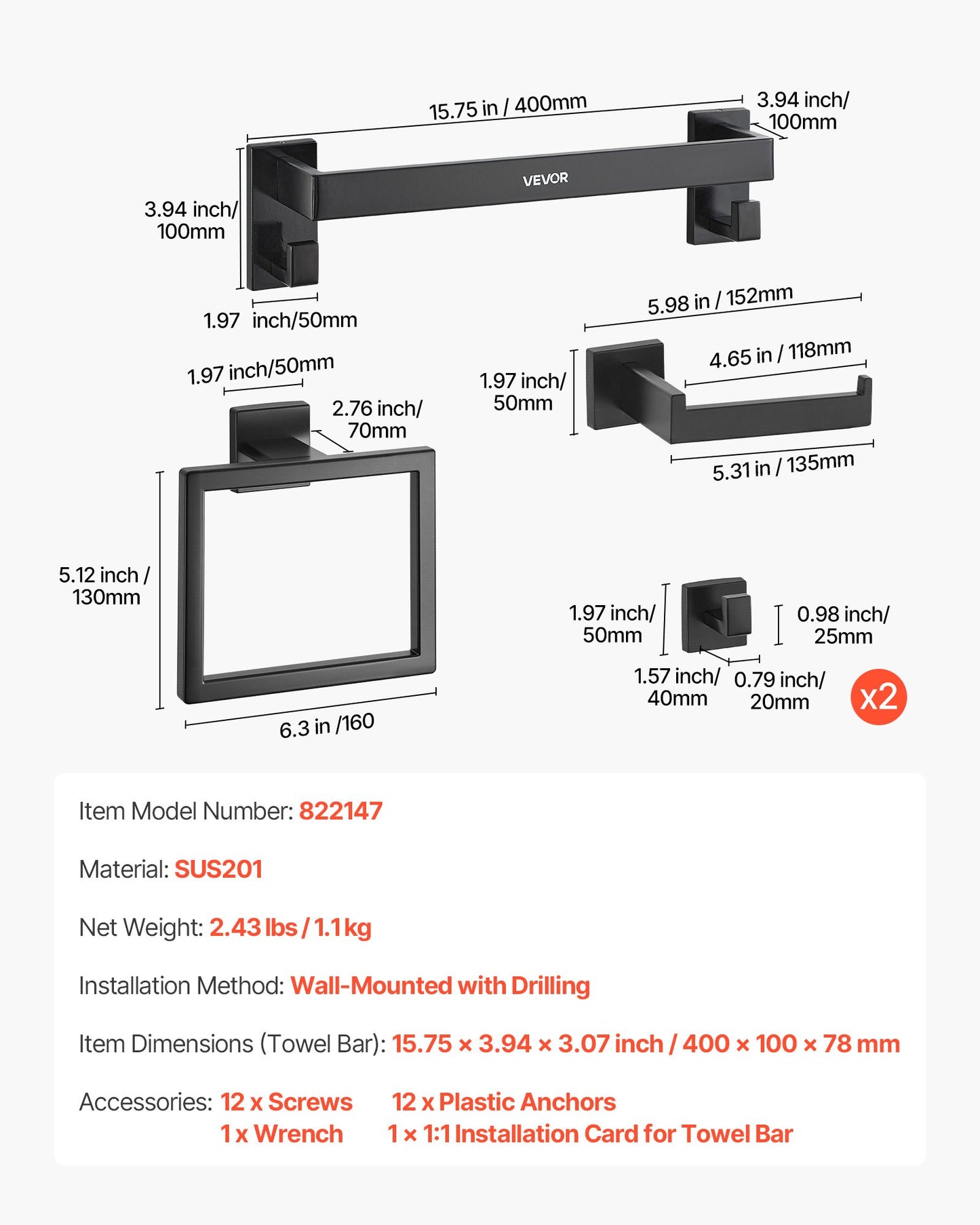 Matte Black Bathroom Hardware Set, 5 Pieces Bathroom Accessories Set, Stainless Steel 16 inch Towel Bar, Towel Rack, 2 Robe Towel Hooks, Toilet Paper Holder for Bath Room, Wall Mounted