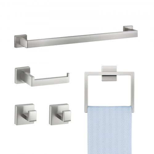 Brushed Nickel Bathroom Hardware Set, 5 Pieces Bathroom Accessories Set, Stainless Steel 24 inch Towel Bar, Towel Rack, 2 Robe Towel Hooks, Toilet Paper Holder for Bath Room, Wall Mounted