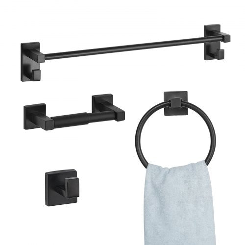 Matte Black Bathroom Hardware Set, 4 Pieces Stainless Steel Bathroom Accessories Set, 24-inch Towel Bar, Towel Ring, Robe Towel Hook, Toilet Paper Holder, for Bath Room, Wall Mounted