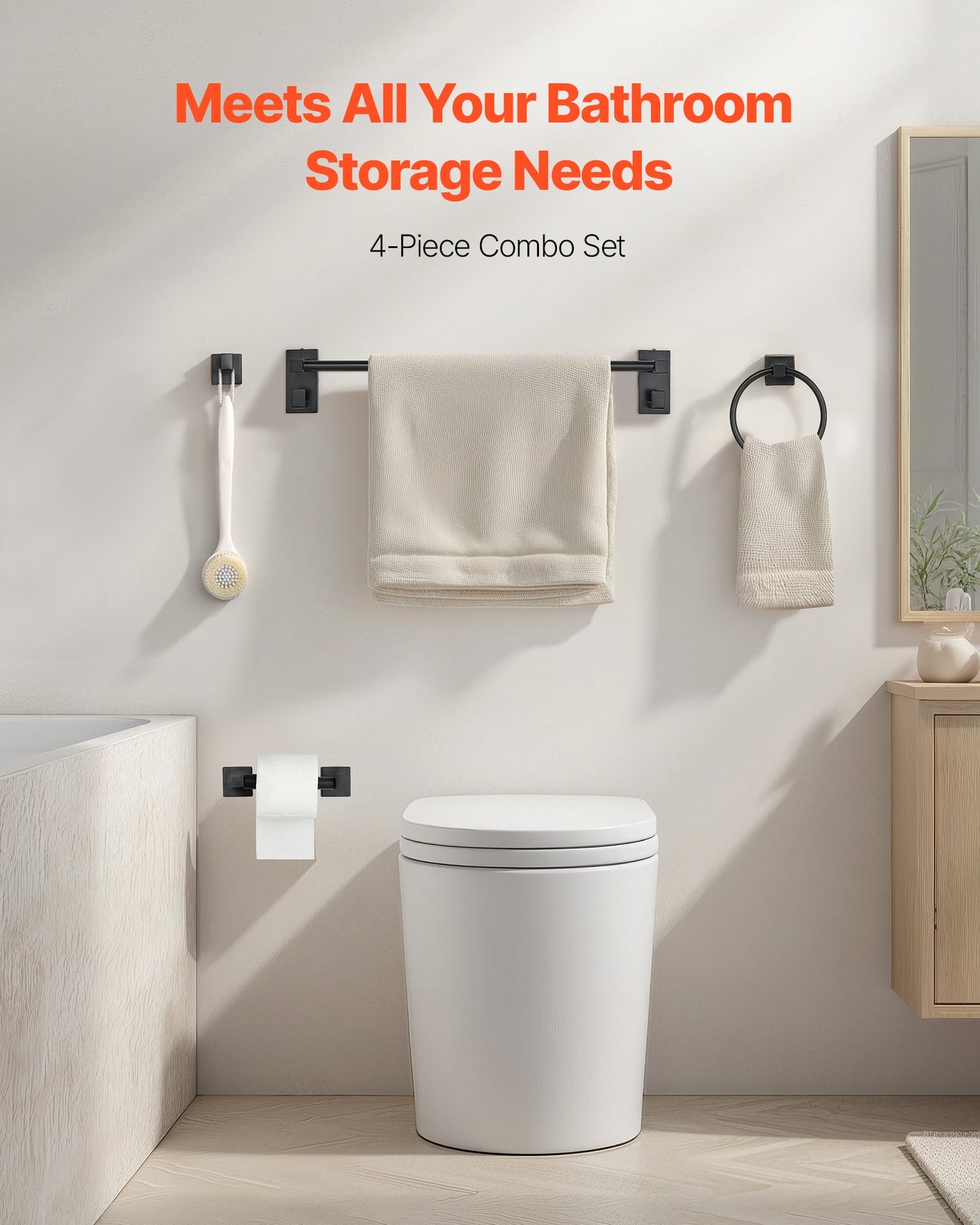 Mattsvart badrumsset, 4 delar badrumstillbehörsset i rostfritt stål, 24-tums handdukshängare, handduksring, badrockskrok, toalettpappershållare, för badrum, väggmonterad