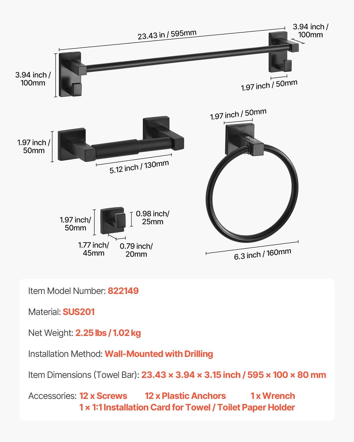 Mattsvart badrumsset, 4 delar badrumstillbehörsset i rostfritt stål, 24-tums handdukshängare, handduksring, badrockskrok, toalettpappershållare, för badrum, väggmonterad