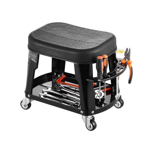Mechanic Stool, 300 lbs Capacity Garage Seat/Work Stool with Wheels, 360° Swivel Rolling Workshop Stool with Tool Tray and Screwdriver Rack, Heavy-Duty, for Garage, Shop & Auto Repair, Black
