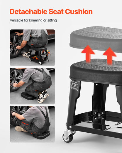 Mechanic Stool, 300 lbs Capacity Garage Seat/Work Stool with Wheels, 360° Swivel Rolling Workshop Stool with Tool Tray and Screwdriver Rack, Heavy-Duty, for Garage, Shop & Auto Repair, Black