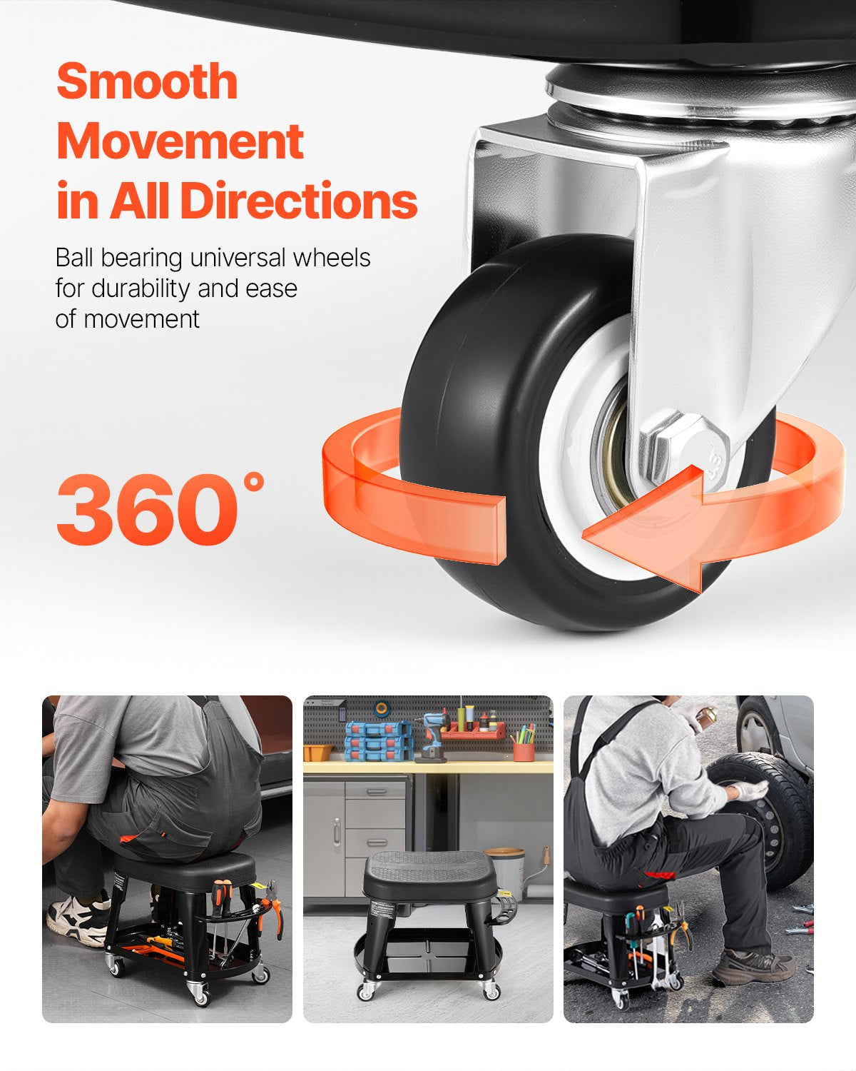 Mechanic Stool, 300 lbs Capacity Garage Seat/Work Stool with Wheels, 360° Swivel Rolling Workshop Stool with Tool Tray and Screwdriver Rack, Heavy-Duty, for Garage, Shop & Auto Repair, Black